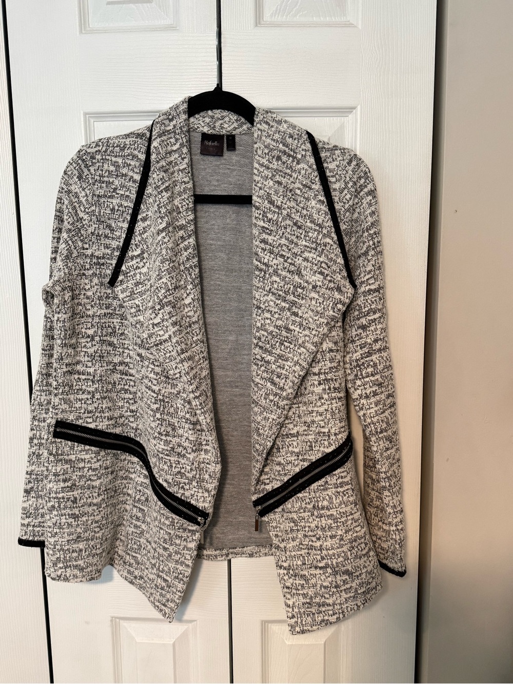 Rafaella Gray and Black Open-Front Knit Cardigan Jacket